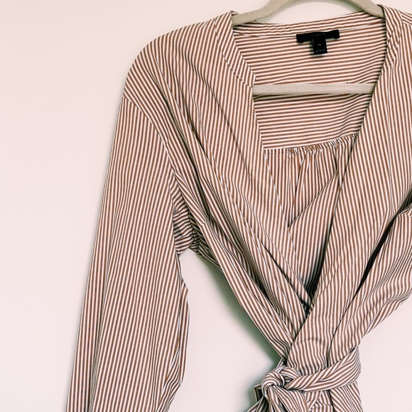 J. Crew Wrap Blouse White & Tan Stripes Waist Tie - Picture 3 of 16